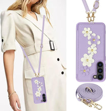 for Samsung Galaxy S23 Plus Case Exquisite Leather Built-in Flip Card Holder Freshness Small Flower Pattern with Long and Short Strap flip Bracket Daily Travel Women