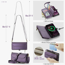for iPhone 16 Pro Max Case with 10 Card Slots RFID Blocking Magnetic Closure Zipper Cash Bills Pocket, Premium PU Leather with Crossbody Wristlet Strap - Purple