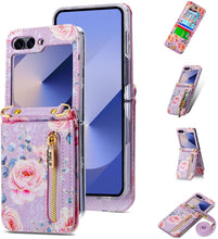 for Samsung Galaxy Z Flip 6 Wallet Case Floral Design with 4 Card Slots and 1 Zipper Pocket Long Lanyard and Kickstand for Women