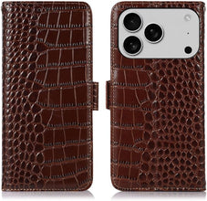 Genuine Leather Case for iPhone 17 Pro with 3 Credit Card Slot RFID Blocking,Crocodile Pattern and Magnetic Closure with Full Body Screen Camera Protective Flip Cover - Brown