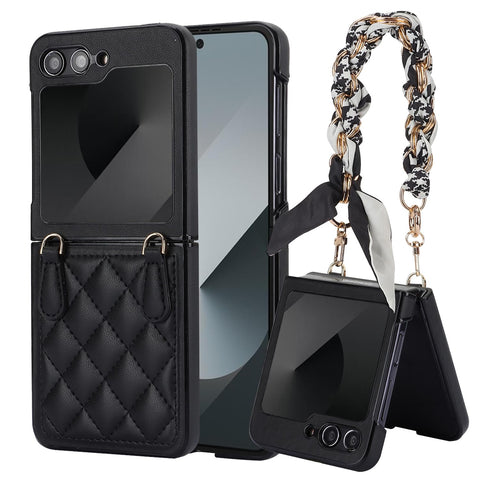 for Samsung Galaxy Z Flip6 Mobile Phone Case Folding Version with Detachable Crossbody Strap and Scarf Lanyard Anti-Fall Wear-Resistant Luxury Leather Protective Case
