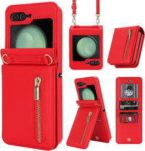 for Samsung Galaxy Z Flip5 Wallet Case with 4 Card Holder and 1 Zipper Slot Crossbody Strap Lanyard and Stylish PU Leather Shockproof Protective Cover