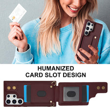 for Samsung Galaxy S24 Ultra Case Premium Leather Flip Card Holder Photo Frame Wallet Case Equipped with Long Strap for Cross-Body Adjustable Wrist Strap Bracket