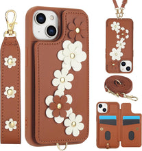 for iPhone 15 Pro Max Case Exquisite Leather Built-in Flip Card Holder Freshness Small Flower Pattern with Long and Short Strap flip Bracket Daily Travel Women
