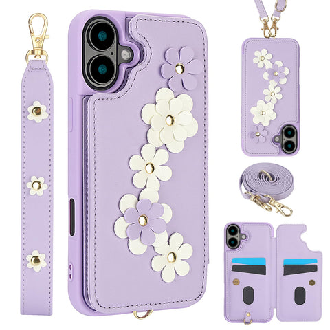 for iPhone 16 Case Exquisite Leather Built-in Flip Card Holder Freshness Small Flower Pattern with Long and Short Strap flip Bracket Daily Travel Women