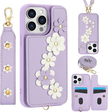 for iPhone 16 Case Exquisite Leather Built-in Flip Card Holder Freshness Small Flower Pattern with Long and Short Strap flip Bracket Daily Travel Women