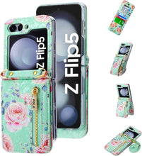for Samsung Galaxy Z Flip 5 Wallet Case Floral Design with 4 Card Slots and 1 Zipper Pocket Long Lanyard and Kickstand for Women