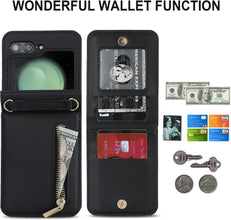 for Samsung Galaxy Z Flip5 Wallet Case with 4 Card Holder and 1 Zipper Slot Crossbody Strap Lanyard and Stylish PU Leather Shockproof Protective Cover