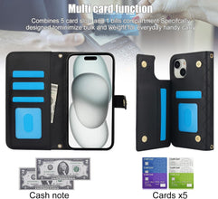 Konstreet for iPhone 15/15Pro/15Pro Max Wallet Case with 5 Card Slots and 1 Cash Slot and Crossbody Strap and Wrist Strap Luxury Fashion Shockproof Magnetic Flip Cover Protective