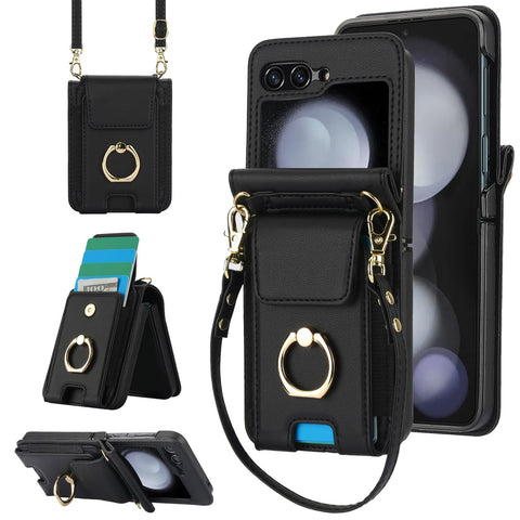 for Samsung Galaxy Z Flip6 Wallet Case with Large Card Slot and Stand and Ring and Detachable Crossbody Shoulder Strap and Short Wrist Strap