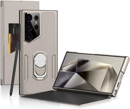 for Samsung Galaxy S24 Ultra Phone Case Flip Cover with Ring and Card Slot Cam Protection Faux Leather Full Wrap Noble and Elegant Full Protective Cover