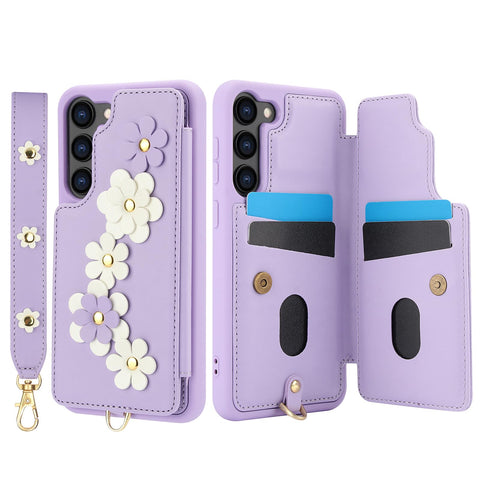 for Samsung Galaxy S23 Plus Case Exquisite Leather Built-in Flip Card Holder Freshness Small Flower Pattern with Long and Short Strap flip Bracket Daily Travel Women