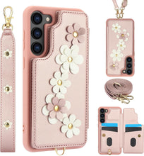 for Samsung Galaxy S23 Plus Case Exquisite Leather Built-in Flip Card Holder Freshness Small Flower Pattern with Long and Short Strap flip Bracket Daily Travel Women