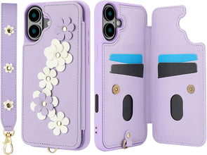 for iPhone 16 Case Exquisite Leather Built-in Flip Card Holder Freshness Small Flower Pattern with Long and Short Strap flip Bracket Daily Travel Women