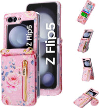 for Samsung Galaxy Z Flip 5 Wallet Case Floral Design with 4 Card Slots and 1 Zipper Pocket Long Lanyard and Kickstand for Women