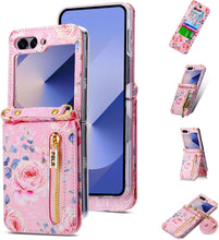 for Samsung Galaxy Z Flip 6 Wallet Case Floral Design with 4 Card Slots and 1 Zipper Pocket Long Lanyard and Kickstand for Women