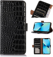 Genuine Leather Case for iPhone 16 Pro Max Pro with 3 Credit Card Slot RFID Blocking,Crocodile Pattern and Magnetic Closure with Full Body Screen Camera Protective Flip Cover - Brown