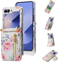 for Samsung Galaxy Z Flip 6 Wallet Case Floral Design with 4 Card Slots and 1 Zipper Pocket Long Lanyard and Kickstand for Women