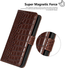 Genuine Leather Case for iPhone 16 Pro Max Pro with 3 Credit Card Slot RFID Blocking,Crocodile Pattern and Magnetic Closure with Full Body Screen Camera Protective Flip Cover - Brown
