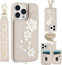 for iPhone 15 Pro Max Case Exquisite Leather Built-in Flip Card Holder Freshness Small Flower Pattern with Long and Short Strap flip Bracket Daily Travel Women