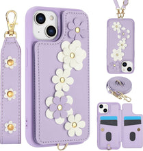 for iPhone 15 Pro Max Case Exquisite Leather Built-in Flip Card Holder Freshness Small Flower Pattern with Long and Short Strap flip Bracket Daily Travel Women