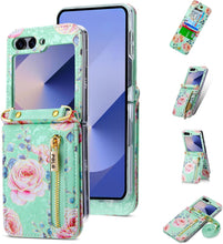 for Samsung Galaxy Z Flip 6 Wallet Case Floral Design with 4 Card Slots and 1 Zipper Pocket Long Lanyard and Kickstand for Women