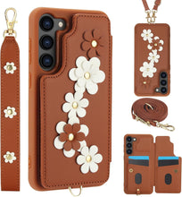 for Samsung Galaxy S23 Plus Case Exquisite Leather Built-in Flip Card Holder Freshness Small Flower Pattern with Long and Short Strap flip Bracket Daily Travel Women