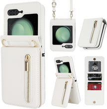 for Samsung Galaxy Z Flip5 Wallet Case with 4 Card Holder and 1 Zipper Slot Crossbody Strap Lanyard and Stylish PU Leather Shockproof Protective Cover
