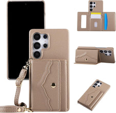 for Samsung Galaxy S23 Ultra Case Premium Leather Mirror Card Holder Cash Slot Equipped with Long Strap Simple and Little Fresh S23 Ultra Case for Galaxy