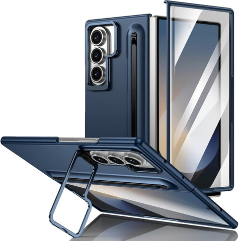 for Samsung Galaxy Z Fold 7 Protect Case with Slim S Pen Slot & Capacitance Pen, Lens Stand and Bulit-in Screen Protection & Hinge Protection Full Body Drop Fall Protection(DarkBlue)