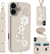 for iPhone 16 Case Exquisite Leather Built-in Flip Card Holder Freshness Small Flower Pattern with Long and Short Strap flip Bracket Daily Travel Women