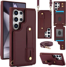 for Samsung Galaxy S25 Ultra Case Premium Leather Flip Card Holder Photo Frame Wallet Case Equipped with Long Strap for Cross-Body Adjustable Wrist Strap Bracket