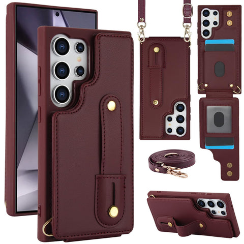 for Samsung Galaxy S24 Ultra Case Premium Leather Flip Card Holder Photo Frame Wallet Case Equipped with Long Strap for Cross-Body Adjustable Wrist Strap Bracket