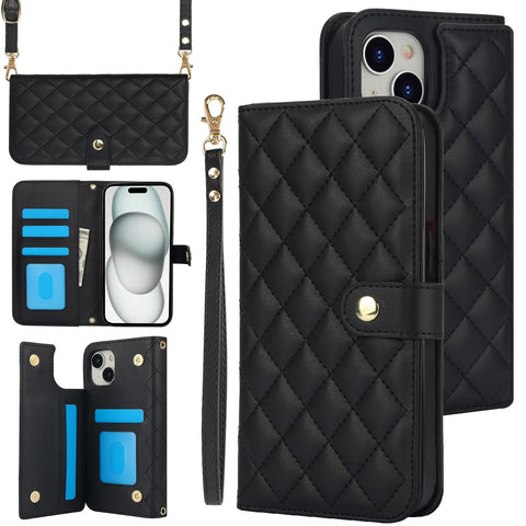 Konstreet for iPhone 15/15Pro/15Pro Max Wallet Case with 5 Card Slots and 1 Cash Slot and Crossbody Strap and Wrist Strap Luxury Fashion Shockproof Magnetic Flip Cover Protective