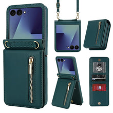 for Samsung Galaxy Z Flip 7 Luxury Zipper Wallet Phone Case, Multi-Function Kickstand Card Holder Adjustable Crossbody Strap, Fashion Flip Case.(Black)