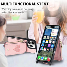 for iPhone 16 Pro Mobile Phone Case Classic Card Holder Cute Heart Pattern Luxury Leather Flip Cover with Long Strap Compatibility with Daily Travel Anti-Fall Durable