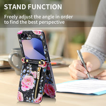 for Samsung Galaxy Z Flip 6 Wallet Case Floral Design with 4 Card Slots and 1 Zipper Pocket Long Lanyard and Kickstand for Women
