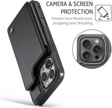 for iPhone 16 Pro Max Case with RFID Blocking and 5 Credit Card Holder, Premium Durable Slim Leather Magnetic Clasp Kickstand Heavy Duty Shockproof Protective Cover.- Black