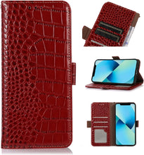 Genuine Leather Case for iPhone 16 Pro Max Pro with 3 Credit Card Slot RFID Blocking,Crocodile Pattern and Magnetic Closure with Full Body Screen Camera Protective Flip Cover - Brown