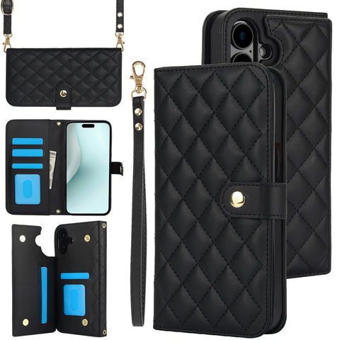 for iPhone 16 Wallet Case with 5 Card Slots and 1 Cash Slot and Crossbody Strap and Wrist Strap Luxury Fashion Shockproof Magnetic Flip Cover Protective