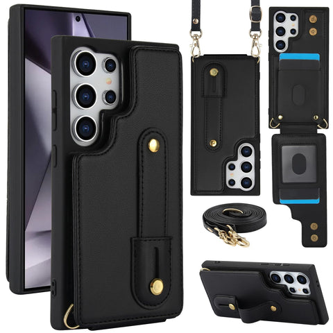 for Samsung Galaxy S25 Ultra Case Premium Leather Flip Card Holder Photo Frame Wallet Case Equipped with Long Strap for Cross-Body Adjustable Wrist Strap Bracket