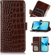 Genuine Leather Case for iPhone 16 Pro Max Pro with 3 Credit Card Slot RFID Blocking,Crocodile Pattern and Magnetic Closure with Full Body Screen Camera Protective Flip Cover - Brown