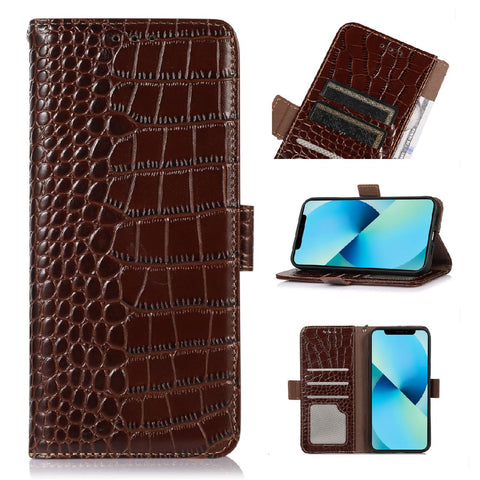 Genuine Leather Case for iPhone 16 Pro Max Pro with 3 Credit Card Slot RFID Blocking,Crocodile Pattern and Magnetic Closure with Full Body Screen Camera Protective Flip Cover - Brown
