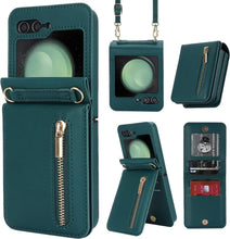 for Samsung Galaxy Z Flip5 Wallet Case with 4 Card Holder and 1 Zipper Slot Crossbody Strap Lanyard and Stylish PU Leather Shockproof Protective Cover