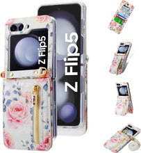 for Samsung Galaxy Z Flip 5 Wallet Case Floral Design with 4 Card Slots and 1 Zipper Pocket Long Lanyard and Kickstand for Women