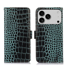 Genuine Leather Case for iPhone 17 Pro with 3 Credit Card Slot RFID Blocking,Crocodile Pattern and Magnetic Closure with Full Body Screen Camera Protective Flip Cover - Brown