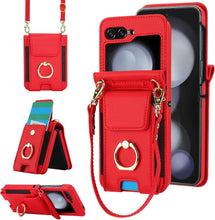for Samsung Galaxy Z Flip6 Wallet Case with Large Card Slot and Stand and Ring and Detachable Crossbody Shoulder Strap and Short Wrist Strap
