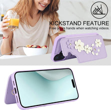 for iPhone 16 Case Exquisite Leather Built-in Flip Card Holder Freshness Small Flower Pattern with Long and Short Strap flip Bracket Daily Travel Women