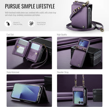 for Samsung Galaxy Z Flip 7 Wallet Case with RFID Blocking and 4 Credit Card Holder, Premium Durable Leather Magnetic Clasp Kickstand Heavy Duty Shockproof Protective Cover.- Purple