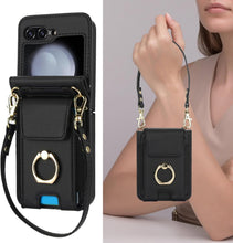 for Samsung Galaxy Z Flip6 Wallet Case with Large Card Slot and Stand and Ring and Detachable Crossbody Shoulder Strap and Short Wrist Strap